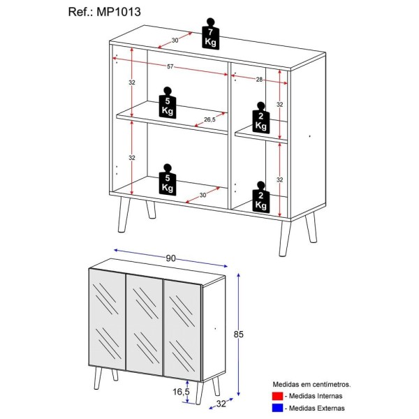 Encontraproduto.com.br - Aparador Buffet 3 Portas com Espelho Retrô Vegas Multimóveis MP1013 Branco/Preto