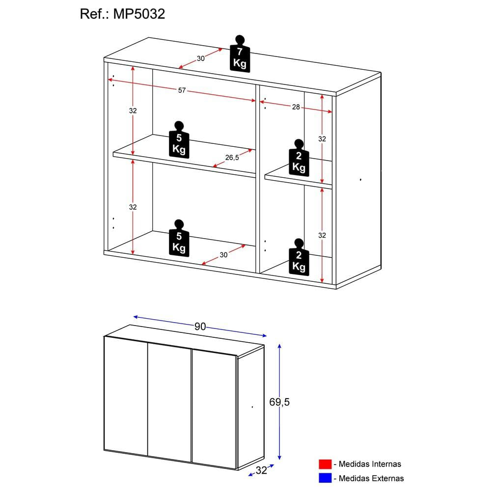 Encontraproduto.com.br - Armário Lavanderia Suspenso com 3 Portas Multimóveis MP5032 Branco