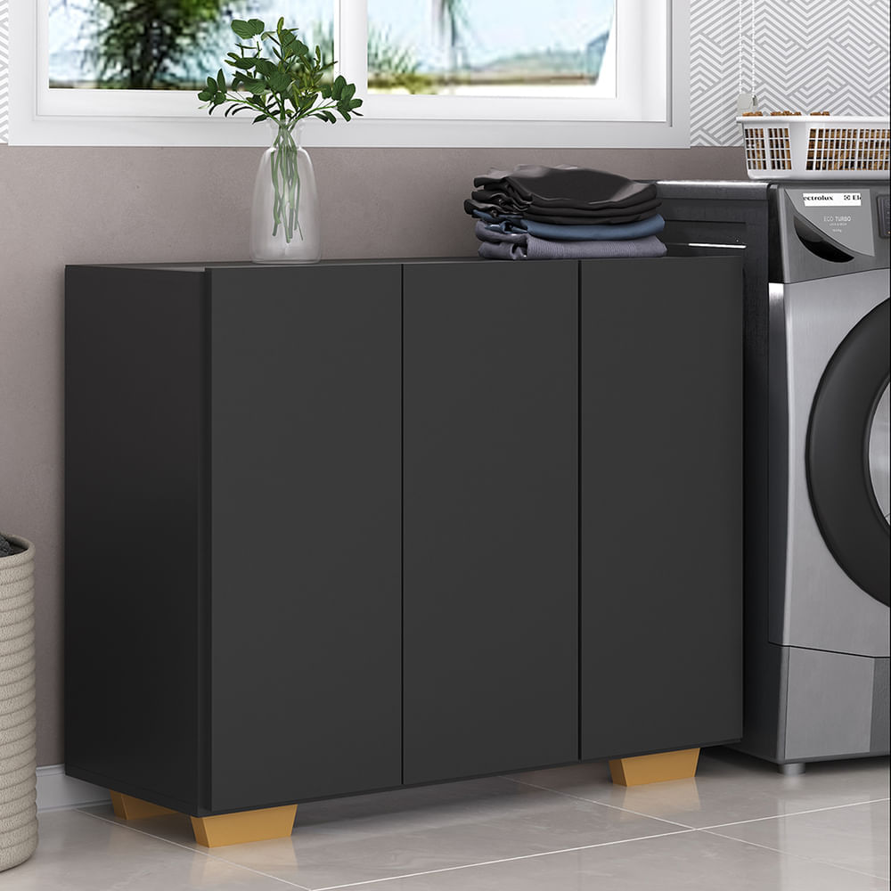 Encontraproduto.com.br - Armário Lavanderia com 3 Portas 90 cm Multimóveis MP5034 Preto/Natural