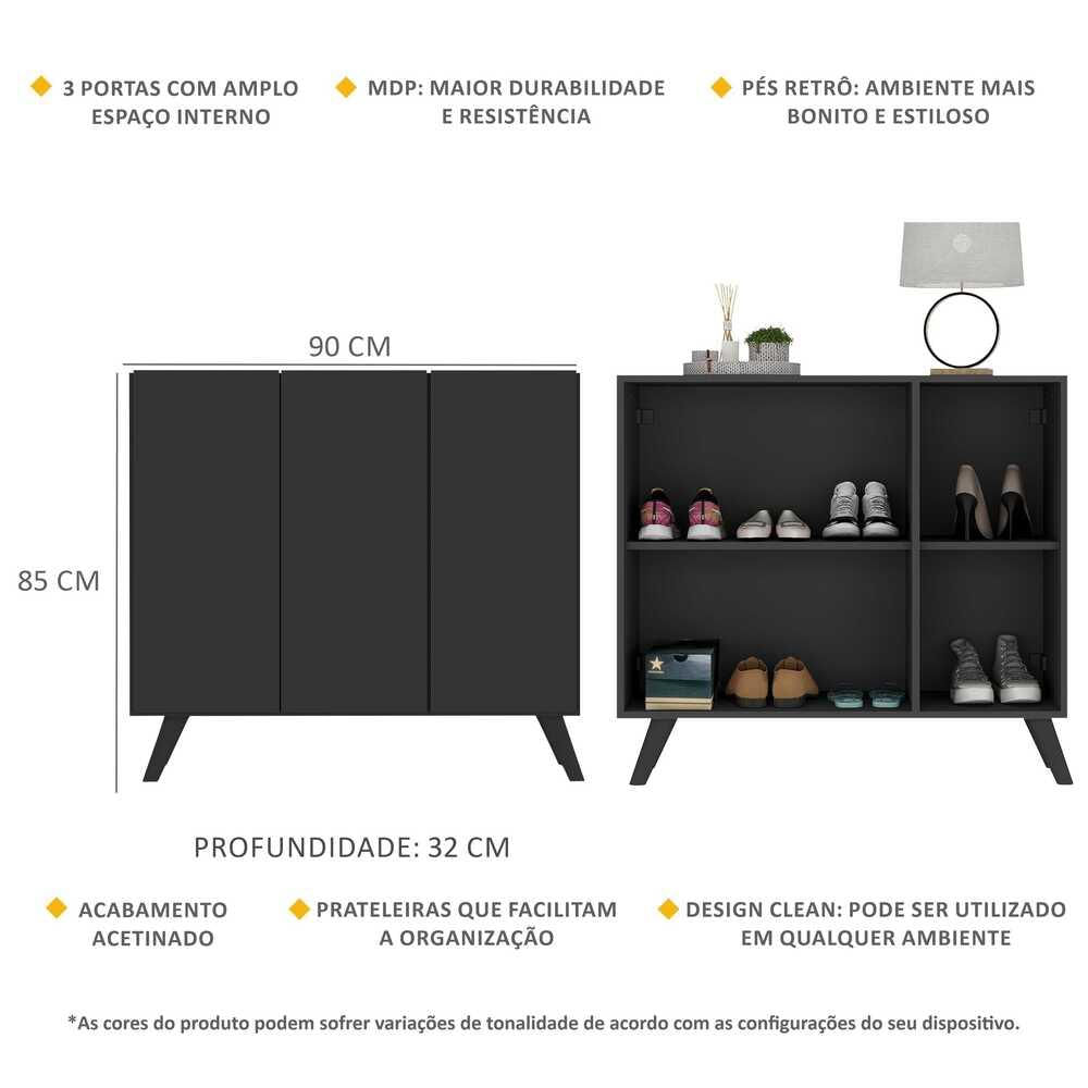 Encontraproduto.com.br - Sapateira Retrô 3 Portas Nina Multimóveis MP6018 Preta