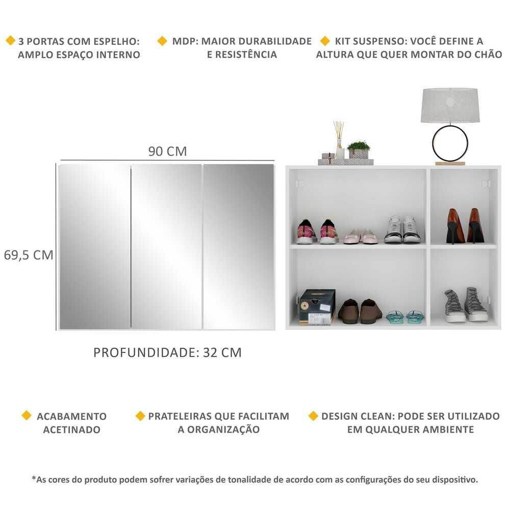 Encontraproduto.com.br - Sapateira 3 Portas com Espelho Suspensa Nina Multimóveis MP6021 Branca