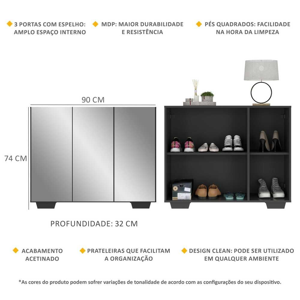 Encontraproduto.com.br - Sapateira com Espelho 3 Portas Nina Multimóveis MP6023 Preta
