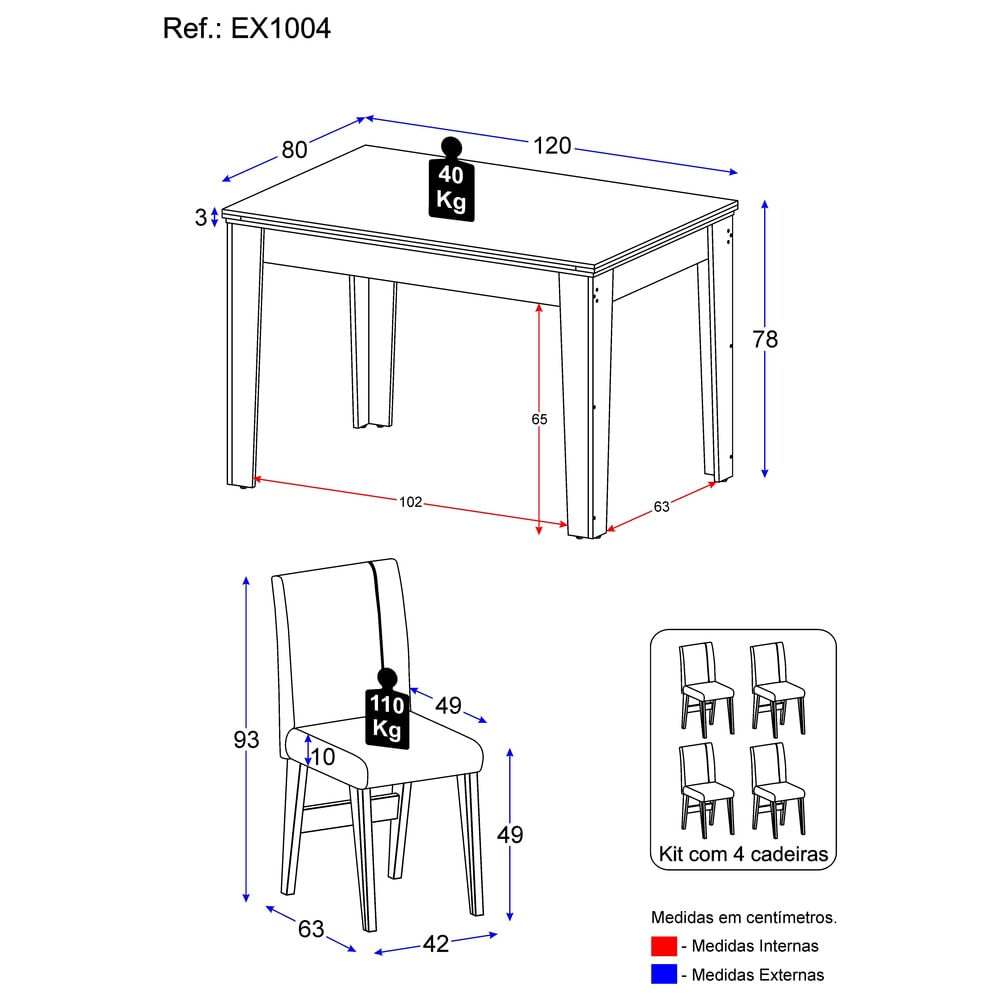 Encontraproduto.com.br - Conjunto Mesa de Jantar 120 cm com 4 Cadeiras Tokio Multimóveis EX1004 Preto/Madeirado/Grafite