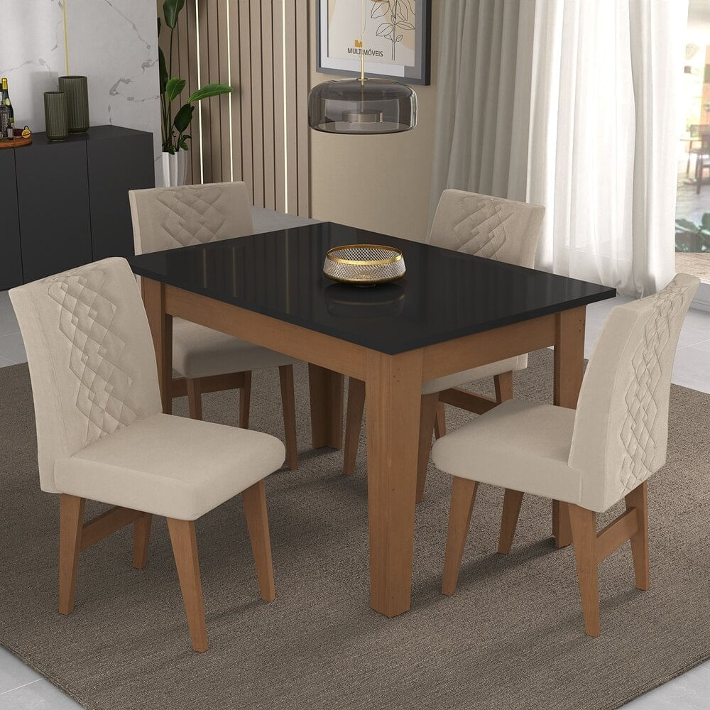 Conjunto Mesa de Jantar 120 cm com 4 cadeiras Rio Multimóveis EX1005 Madeirado/Preto/Bege