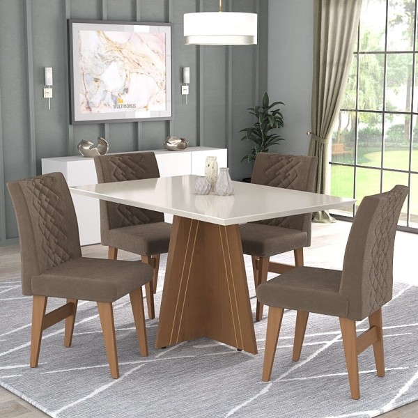 Encontraproduto.com.br - Conjunto Mesa De Jantar 4 Cadeira Madeirado/Off White/Castor