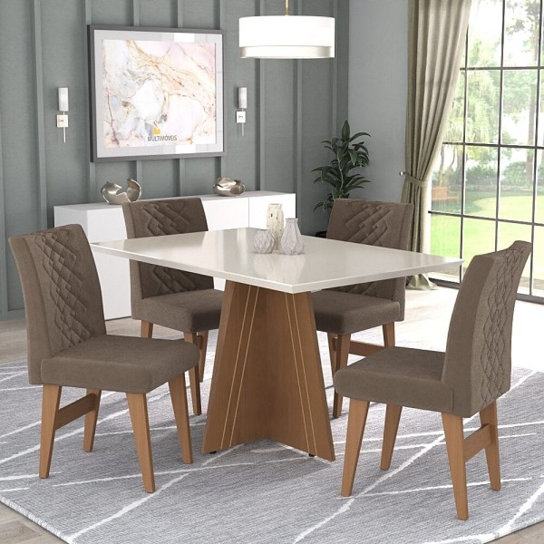 Encontraproduto.com.br - Conjunto Mesa De Jantar 4 Cadeira Madeirado/Off White/Castor