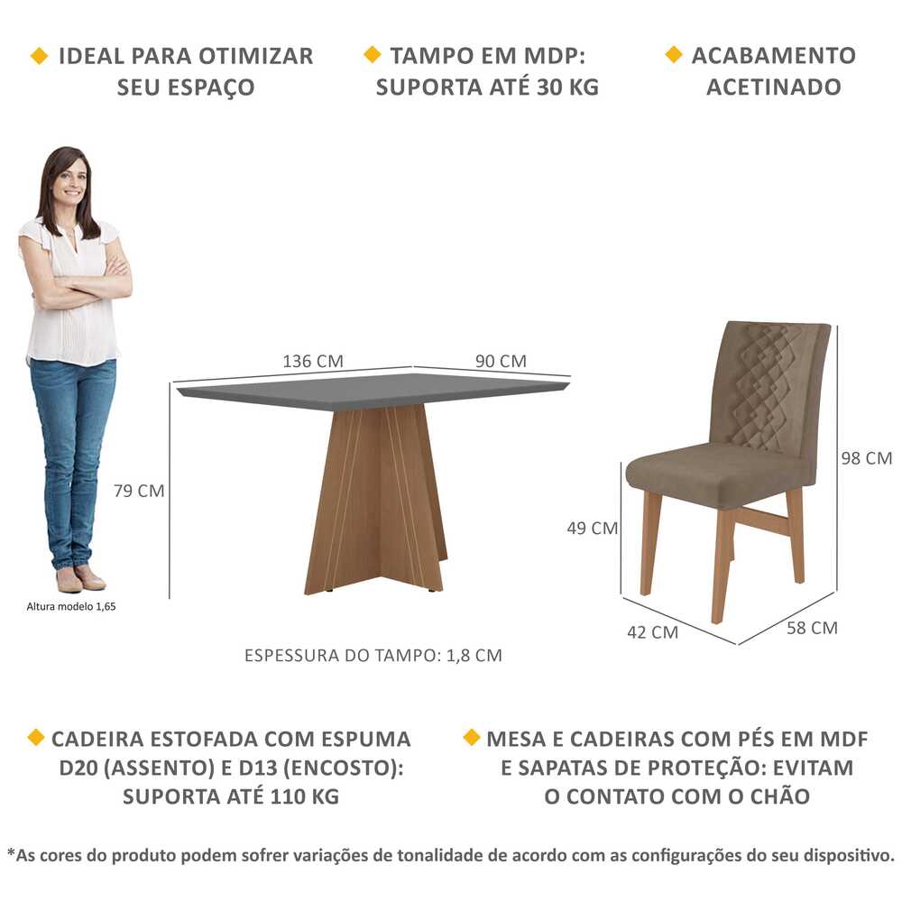 Encontraproduto.com.br - Conjunto Mesa de Jantar 136 cm com 4 cadeiras Marselha Multimóveis EX1007 Madeirado/Grafite/Castor