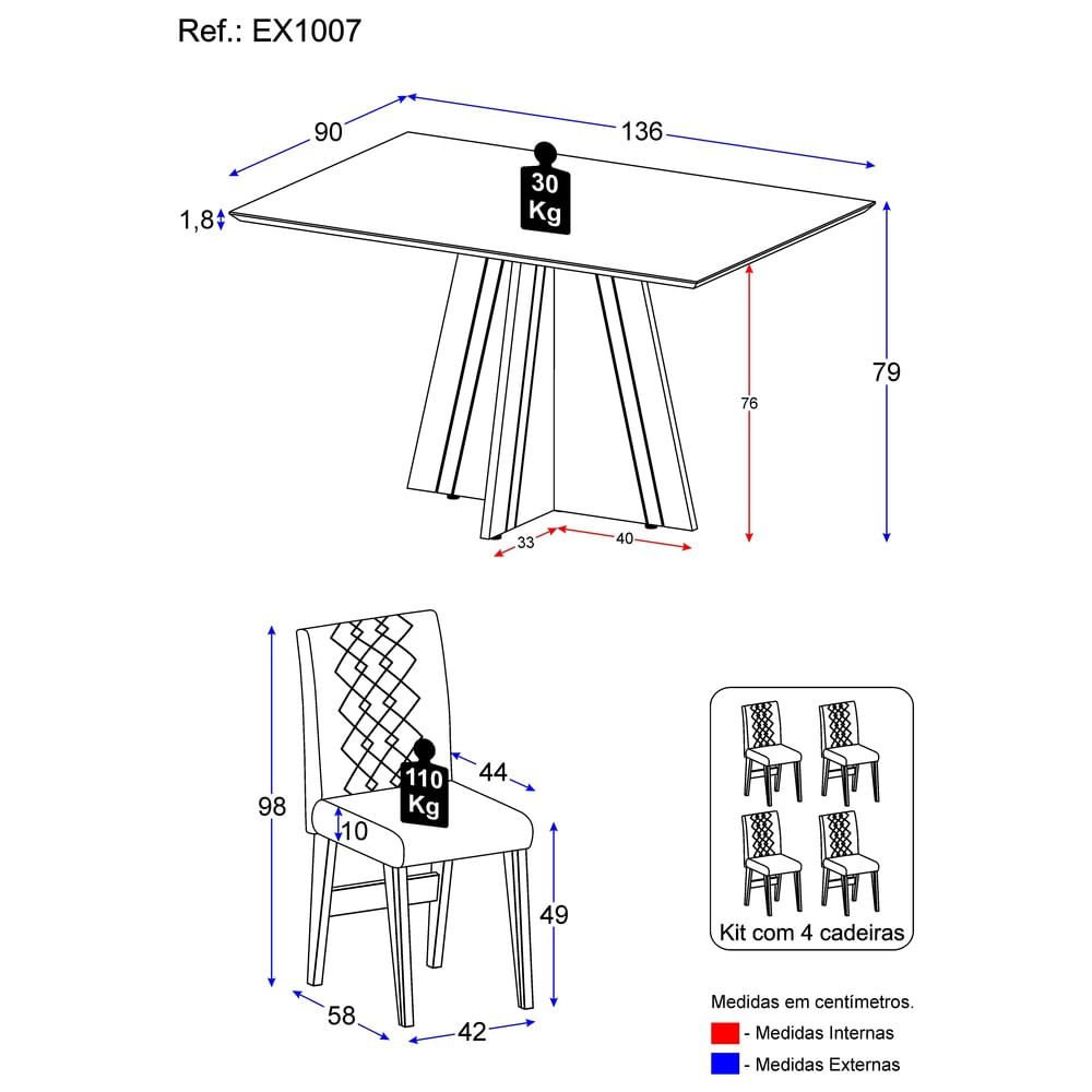 Encontraproduto.com.br - Conjunto Mesa de Jantar 136 cm com 4 cadeiras Marselha Multimóveis EX1007 Madeirado/Grafite/Castor