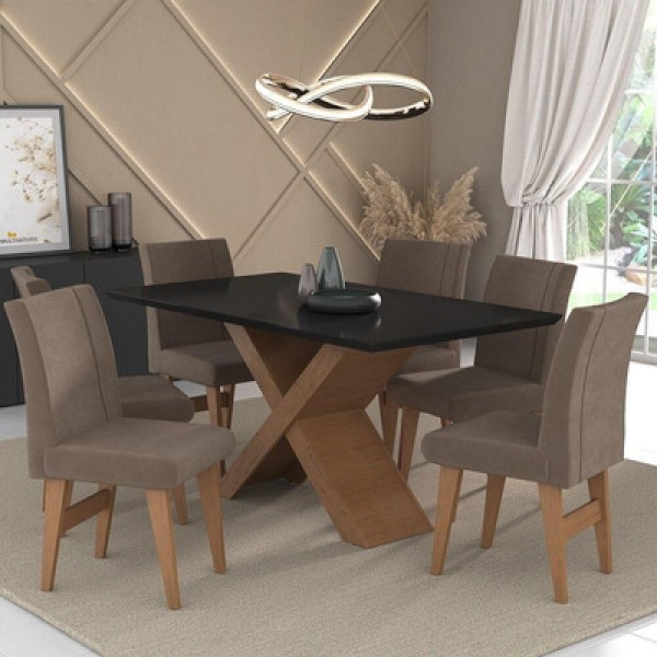 Conjunto Mesa De Jantar 6 Cadeiras Madeirado/Preto/Castor Multimóveis