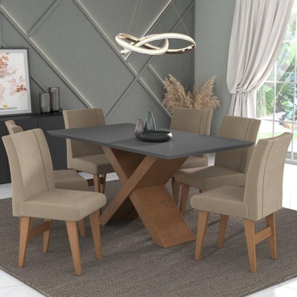 Conjunto Mesa De Jantar 6 Cadeiras Madeirado/Grafite/Mascavo