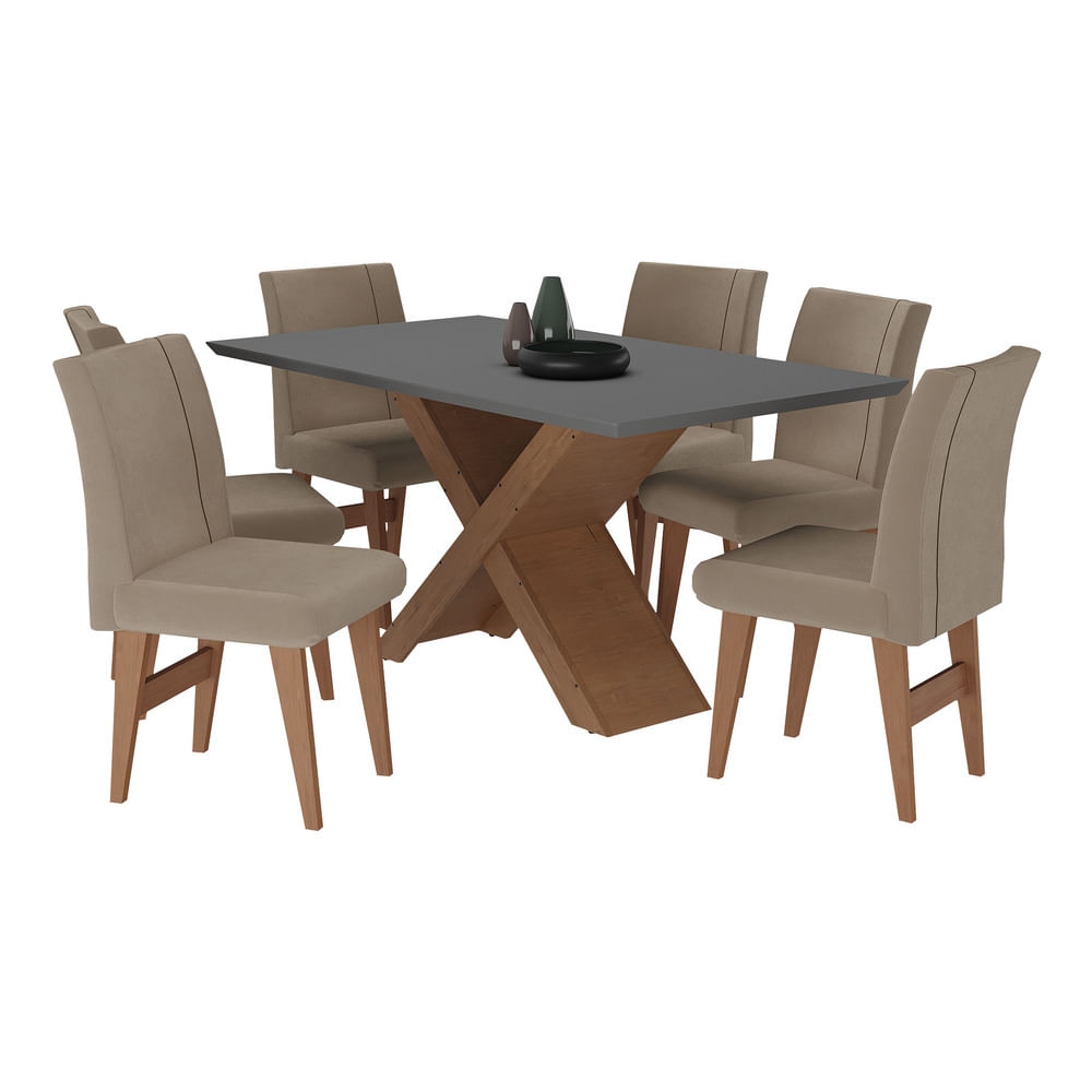 Encontraproduto.com.br - Conjunto Mesa De Jantar 6 Cadeiras Madeirado/Grafite/Mascavo