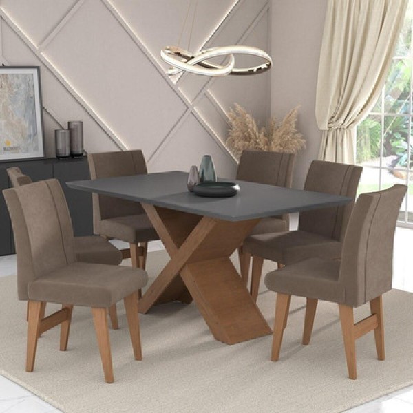 Conjunto Mesa De Jantar 6 Cadeiras Madeirado/Grafite/Castor