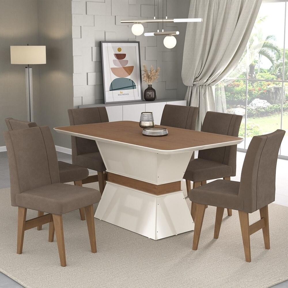 Encontraproduto.com.br - Conjunto Mesa de Jantar 160 cm com 6 cadeiras Oslo Multimóveis EX1010 Madeirado/Off White/Castor
