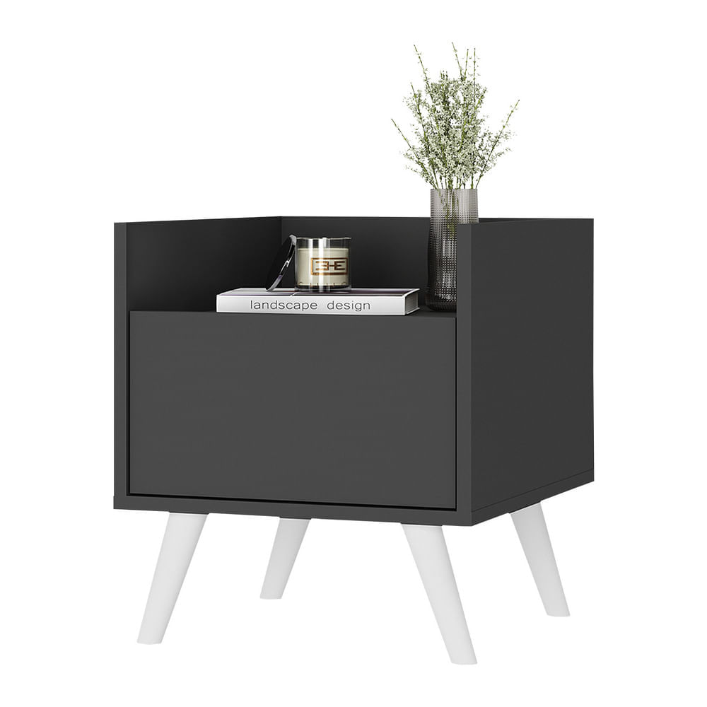 Encontraproduto.com.br - Mesa de Cabeceira 40 cm com Pés Retrô Multimóveis MP4041 Preta/Branca