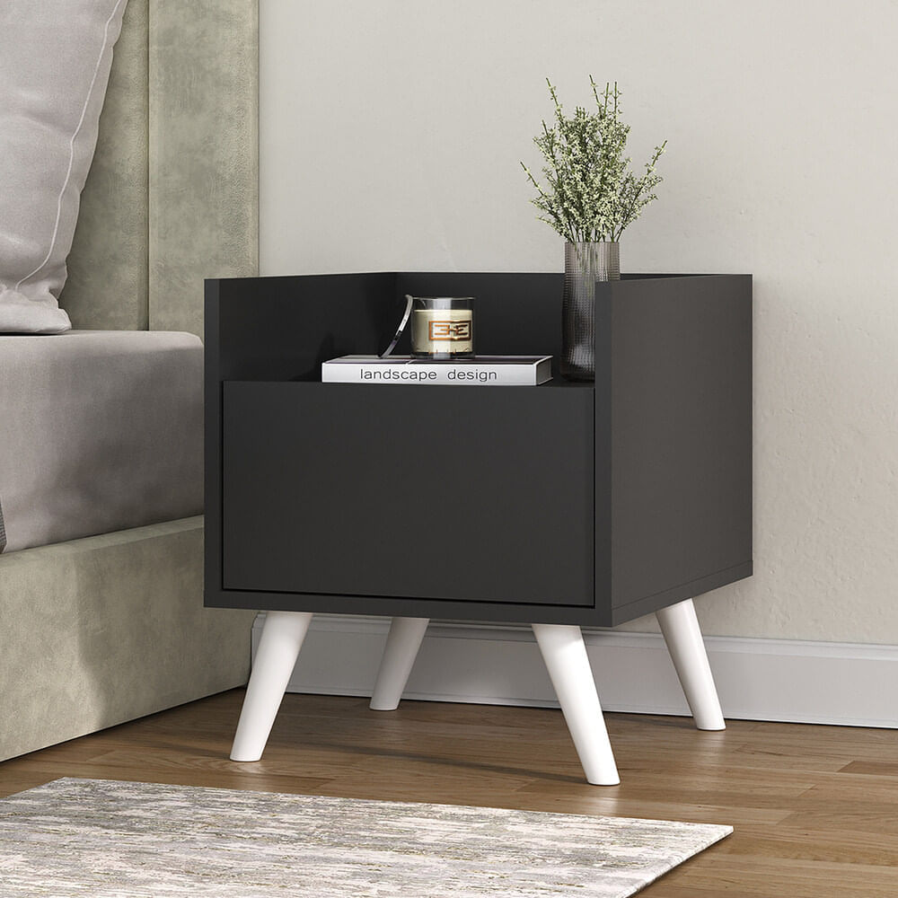 Encontraproduto.com.br - Mesa de Cabeceira 40 cm com Pés Retrô Multimóveis MP4041 Preta/Branca