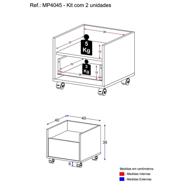 Encontraproduto.com.br - Kit com 2 Mesas de Cabeceira 40 cm com Rodízios Multimóveis MP4045 Branca