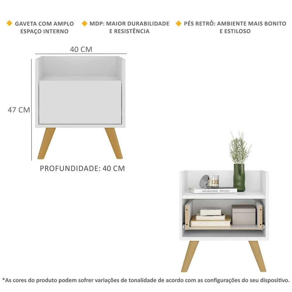 Encontraproduto.com.br - Kit com 2 Mesas de Cabeceira 40 cm com Pés Retrô Multimóveis MP4044 Branca/Natural