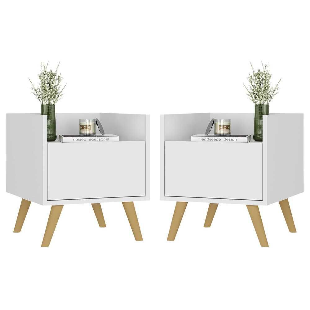 Encontraproduto.com.br - Kit com 2 Mesas de Cabeceira 40 cm com Pés Retrô Multimóveis MP4044 Branca/Natural