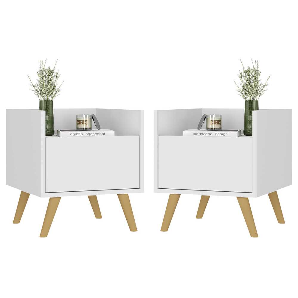 Encontraproduto.com.br - Kit com 2 Mesas de Cabeceira 40 cm com Pés Retrô Multimóveis MP4044 Branca/Natural