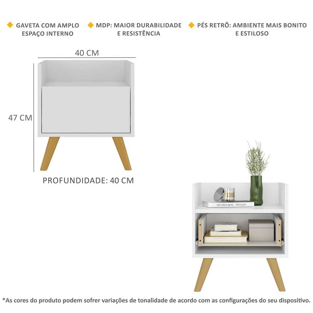 Encontraproduto.com.br - Kit com 2 Mesas de Cabeceira 40 cm com Pés Retrô Multimóveis MP4044 Branca/Natural