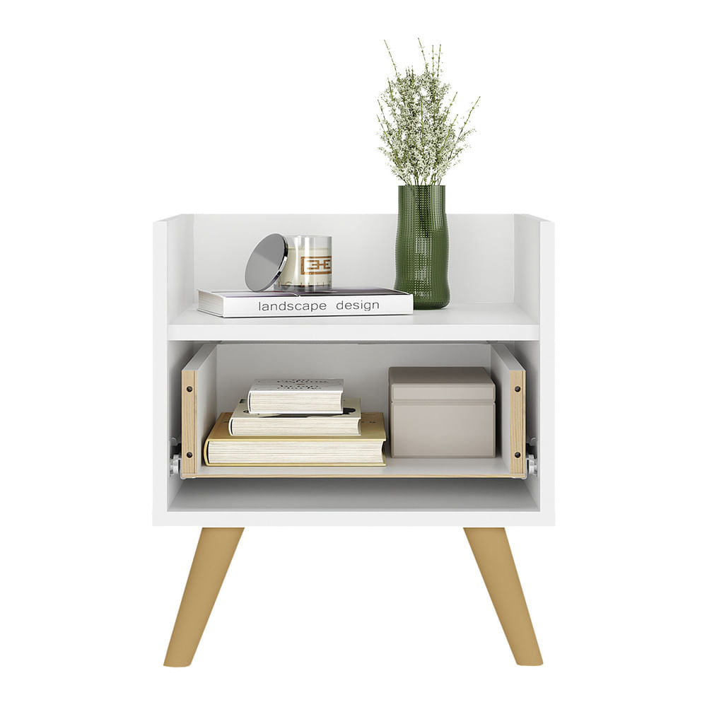 Encontraproduto.com.br - Kit com 2 Mesas de Cabeceira 40 cm com Pés Retrô Multimóveis MP4044 Branca/Natural