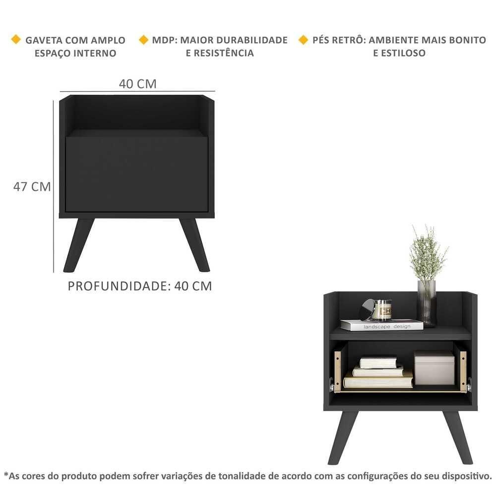 Encontraproduto.com.br - Kit com 2 Mesas de Cabeceira 40 cm com Pés Retrô Multimóveis MP4044 Preta