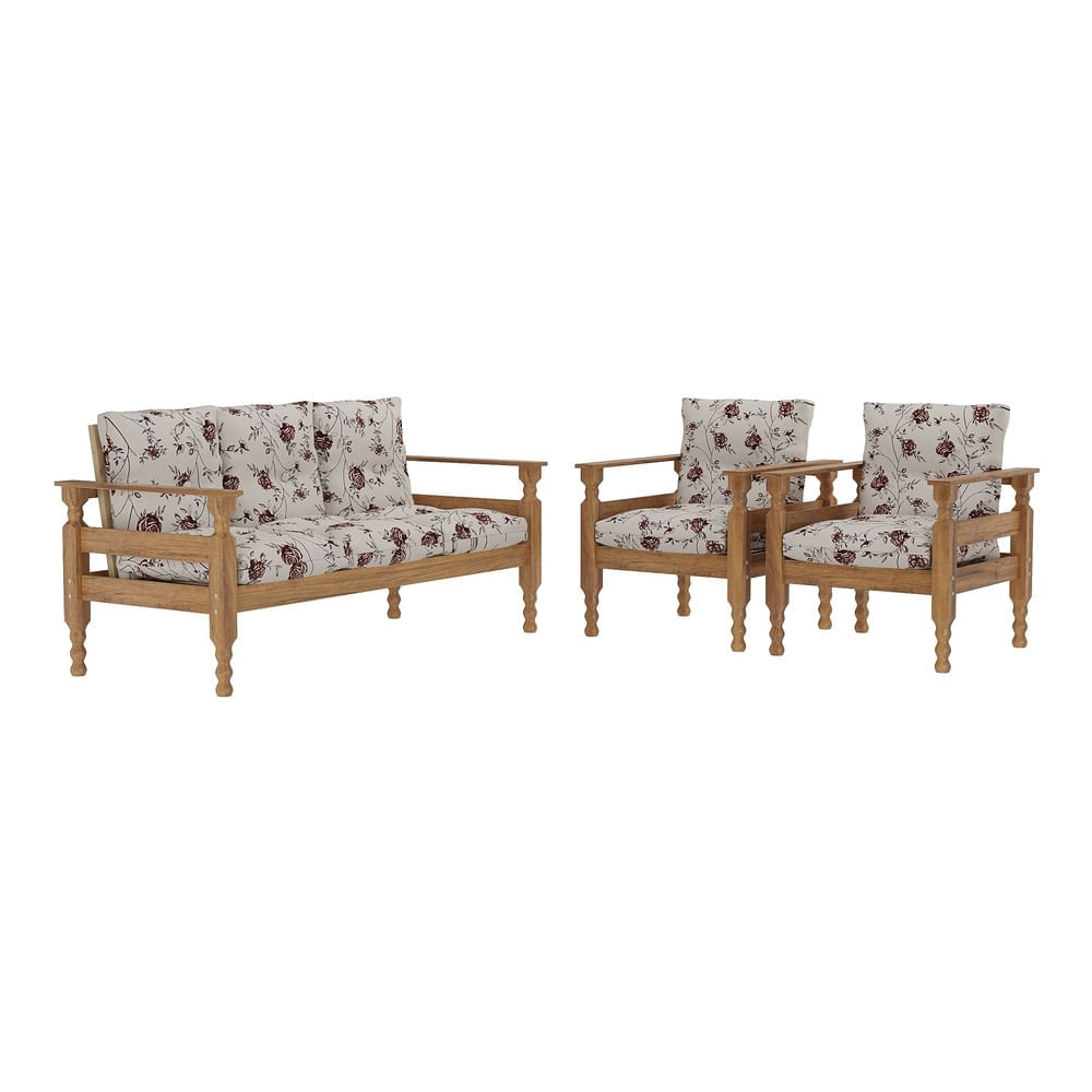 Encontraproduto.com.br - Jogo Sofá Madeira Maciça 3 Lugares e 2 Poltronas Liz Multimóveis CR7001.T67 Imbuia/Floral