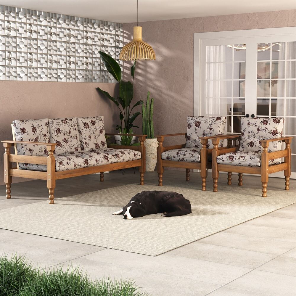 Encontraproduto.com.br - Jogo Sofá Madeira Maciça 3 Lugares e 2 Poltronas Liz Multimóveis CR7001.T67 Imbuia/Floral