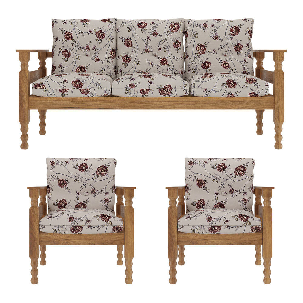 Encontraproduto.com.br - Jogo Sofá Madeira Maciça 3 Lugares e 2 Poltronas Liz Multimóveis CR7001.T67 Imbuia/Floral
