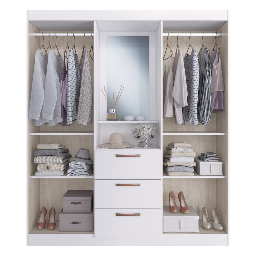 Encontraproduto.com.br - Guarda-Roupa com Espelho 4 Portas 3 Gavetas Siena Multimóveis CR4151 Branco