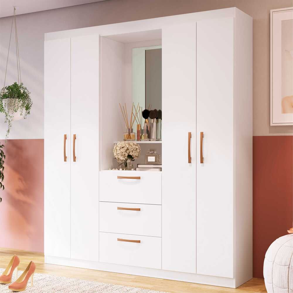 Encontraproduto.com.br - Guarda-Roupa com Espelho 4 Portas 3 Gavetas Siena Multimóveis CR4151 Branco