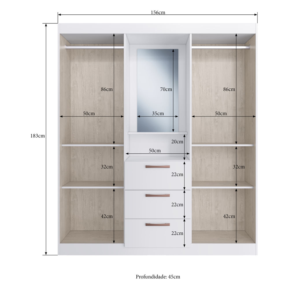 Encontraproduto.com.br - Guarda-Roupa com Espelho 4 Portas 3 Gavetas Siena Multimóveis CR4151 Branco
