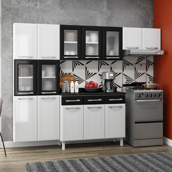 Encontraproduto.com.br - Cozinha de Aço Compacta 3 Peças Rose Multimóveis CR6104 Branco/Preto