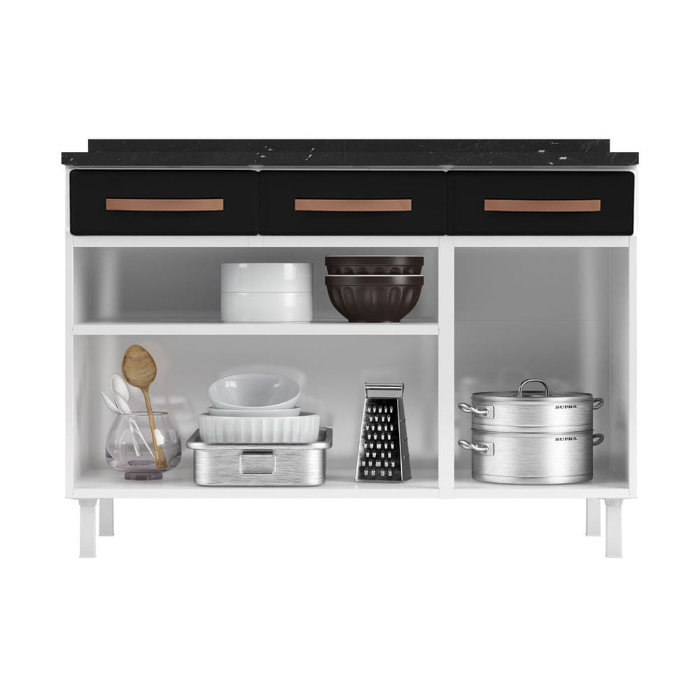Encontraproduto.com.br - Balcão de Cozinha de Aço Triplo com Tampo Regina Multimóveis CR6126 Branco/Preto