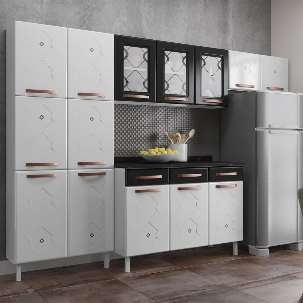 Encontraproduto.com.br - Cozinha de Aço Completa com Balcão Regina Multimóveis Glass CR6140 Branco/Preto