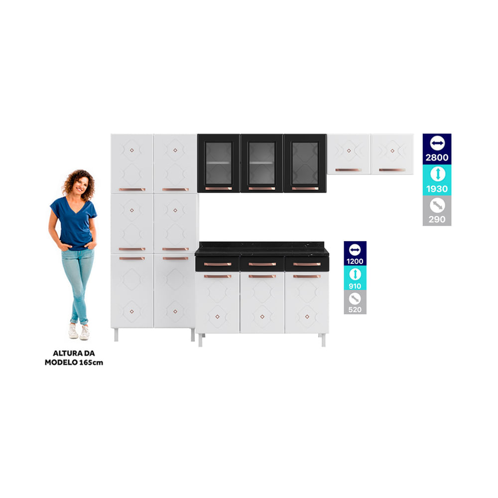 Encontraproduto.com.br - Cozinha de Aço Completa com Balcão Regina Multimóveis Glass CR6140 Branco/Preto