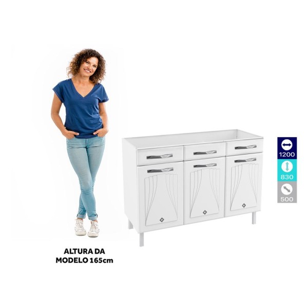 Encontraproduto.com.br - Balcão de Cozinha de Aço Triplo sem Tampo para Pia 120cm Clara Multimóveis CR6146 Branco