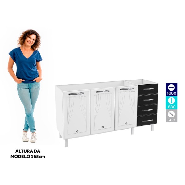 Encontraproduto.com.br - Balcão de Cozinha de Aço Quádruplo sem Tampo para Pia 160cm Clara Multimóveis CR6149 Branco/Preto