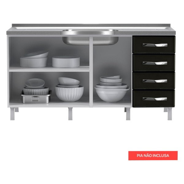 Encontraproduto.com.br - Balcão de Cozinha de Aço Quádruplo sem Tampo para Pia 160cm Clara Multimóveis CR6149 Branco/Preto