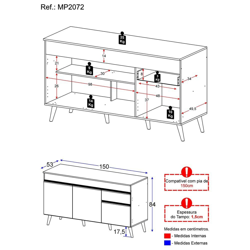 Encontraproduto.com.br - Balcão Cozinha Gabinete Pia 150Cm 3 Portas Mp2072.891 Branco