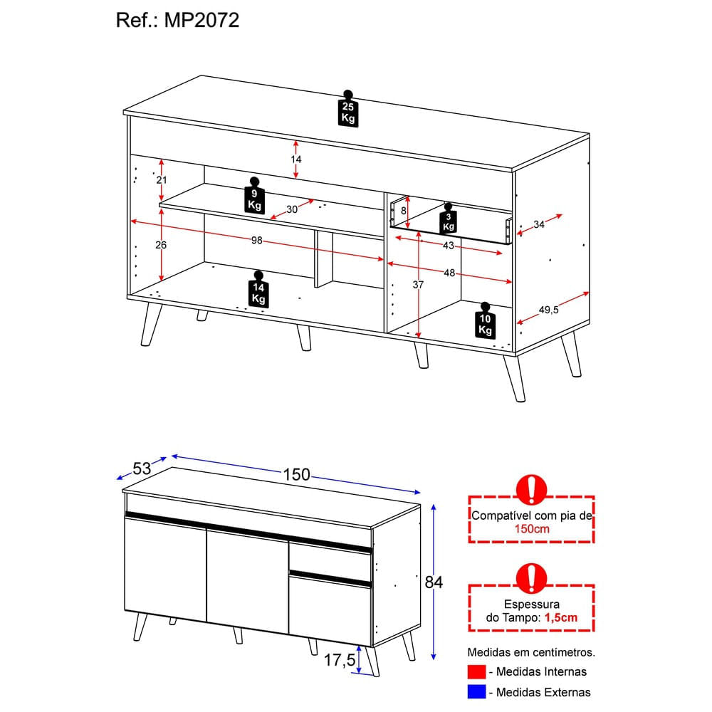 Encontraproduto.com.br - Balcão Cozinha Gabinete Pia 150Cm 3 Portas Mp2072.891 Branco