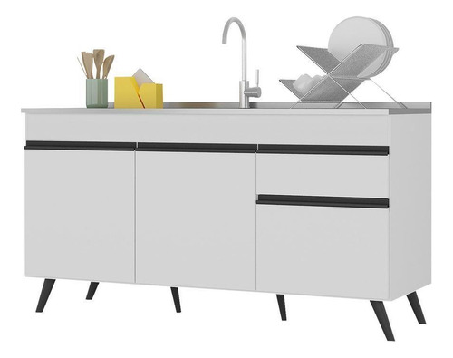 Balcão Cozinha Gabinete Pia 150Cm 3 Portas Branco/preto