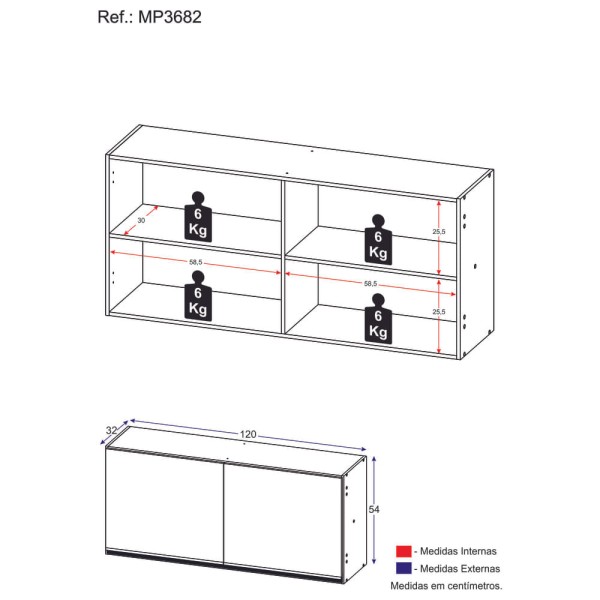 Encontraproduto.com.br - Armário Aéreo Cozinha 120 cm 2 Portas Veneza Multimóveis MP3682.891 Branco