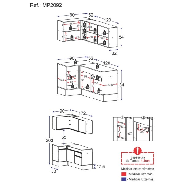 Encontraproduto.com.br - Armário de Cozinha Compacta de Canto com Rodapé Veneza Multimóveis MP2092.891 Branco
