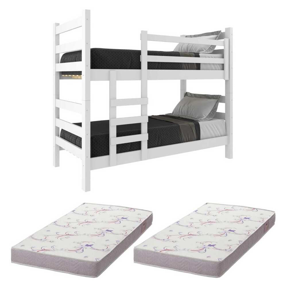 Encontraproduto.com.br - Beliche Madeira Maciça - vira 2 Camas - com Colchões Inclusos Dubai Multimóveis CR4158 Branco