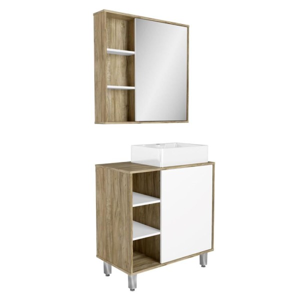 Encontraproduto.com.br - Gabinete Banheiro com Cuba e Espelheira 80cm Multimóveis CR10067 Carvalho Cartagena/Branco