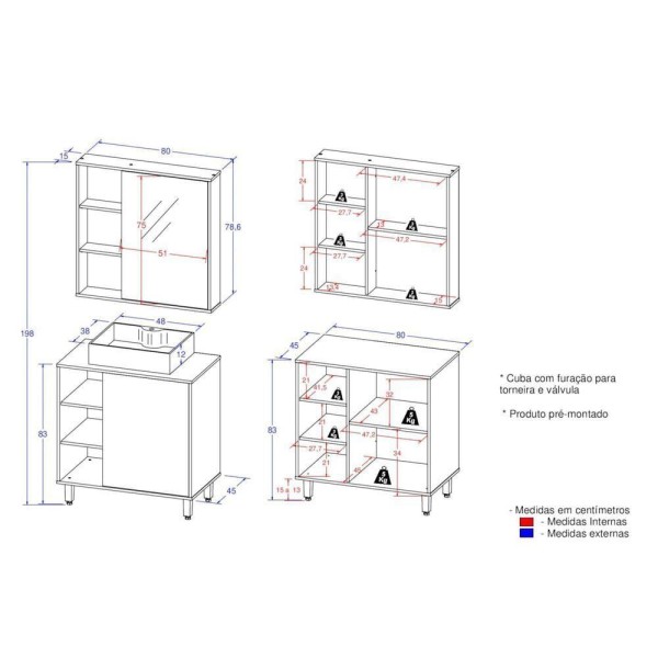 Encontraproduto.com.br - Gabinete Banheiro com Cuba e Espelheira 80cm Multimóveis CR10067 Carvalho Cartagena/Branco