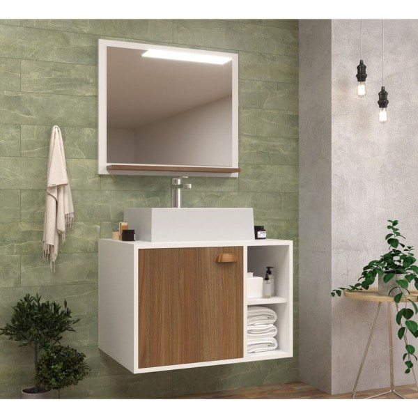 Gabinete Banheiro com Cuba e Espelheira 60cm Multimóveis CR10073 Branco/Noce