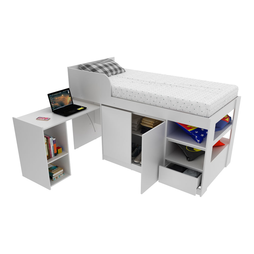 Encontraproduto.com.br - Cama Solteiro com Escrivaninha para Colchão 88 x 188 cm Multimóveis CR35067 Branca