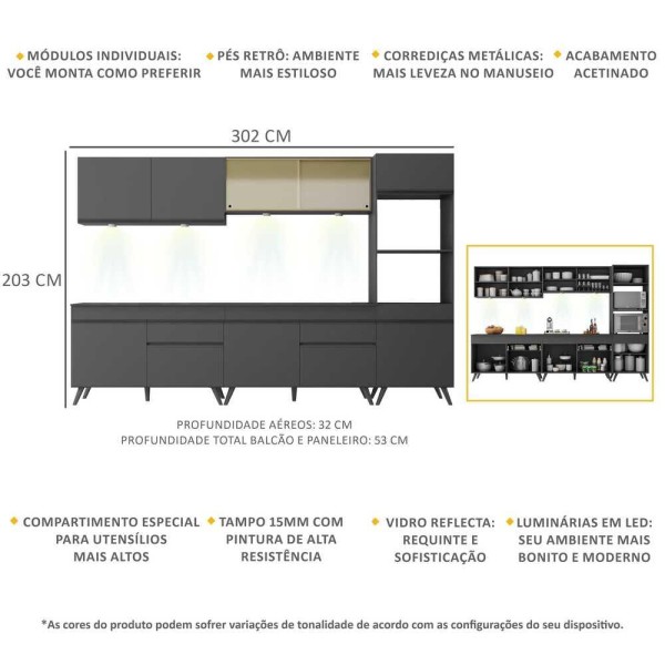 Encontraproduto.com.br - Armário de Cozinha Compacta 302cm com Leds Veneza Up Multimóveis V2014